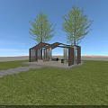 Modern Outdoor Pergola With Glass Panels Wooden Structure Stone Path And Green Lawn