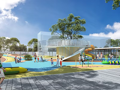 Park Landscape Featuring Children's Play Area With Slide Kids Playing Green Trees And Colorful Ground 3d model
