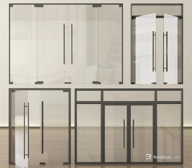 Modern Glass Double Doors With Black Frame For Home Interior Design 3d model