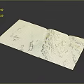 Detailed Terrain Topographic Map With Blue Patterns On White Paper Sheet 3d model