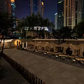 Outdoor Restaurant With Straw Umbrellas Tents String Lights And City Skyline At Night