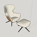 White Upholstered Accent Chair With Wooden Frame And Ottoman In Patterned Wallpaper Marble Floor Setting