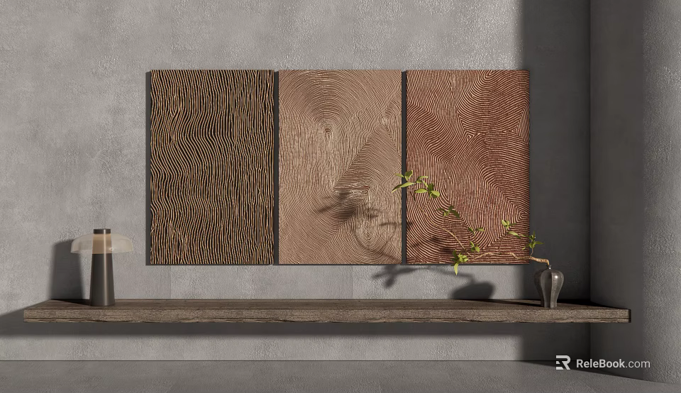 Three Panel Textured Wall Art With Brown Patterns And Green Plant On Shelf 3d model
