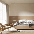 Neutral Toned Bedroom Interior With Wooden Platform Bed Built-In Wardrobe Area Rug And Accent Chair