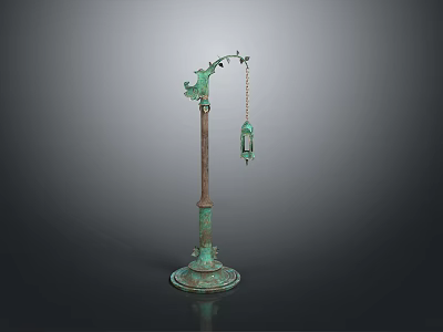 Ancient Bronze Artifact With Green Patina Bird Shaped Top Hanging Lantern And Circular Base 3d model