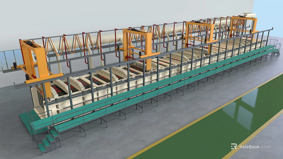Industrial Equipment Automated Production Line With Yellow Frames Green Conveyor Belts And Processing Units 3d model 