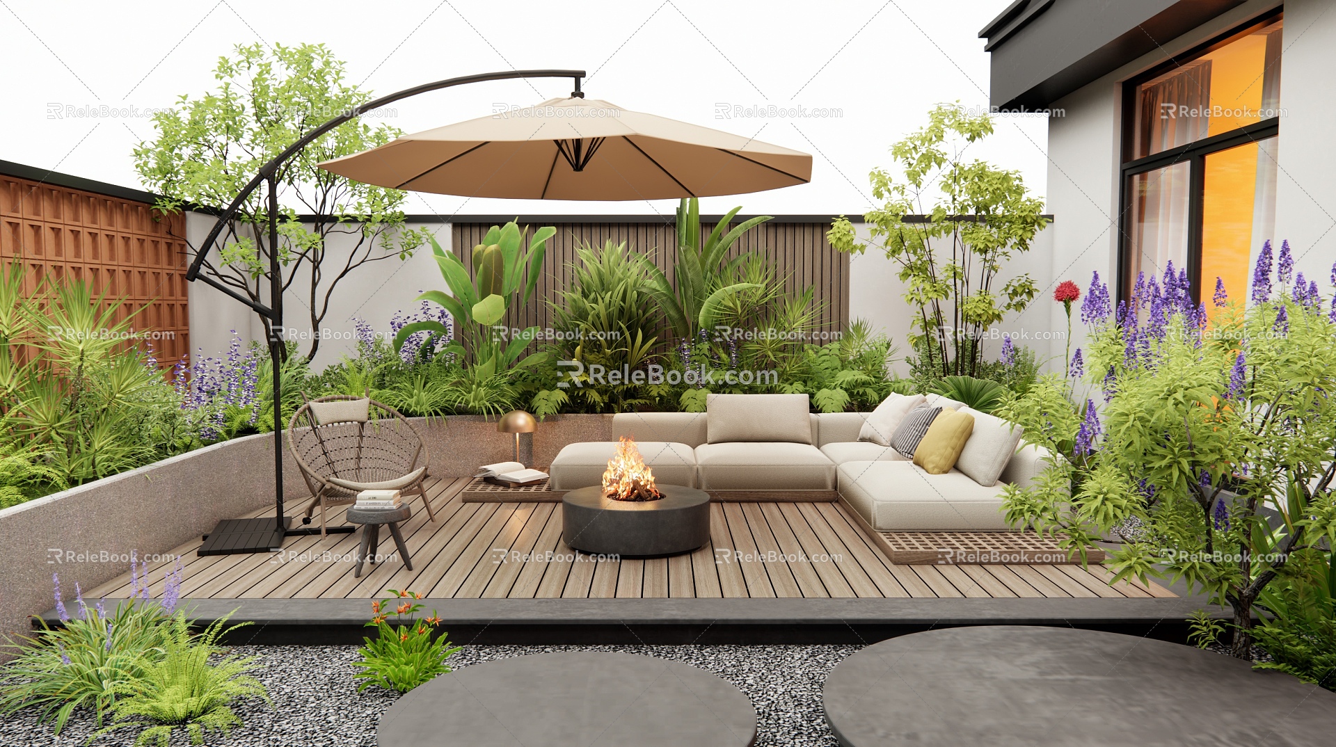 Modern courtyard garden outdoor sofa outdoor chair flowers and plants combination plant pile shrub 3d model