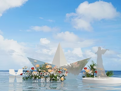 Grandfront Urban Paper Boat Shaped Stage With Seaside View Flower Arrangements And Violinist Silhouette 3d model