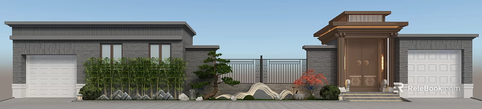 Traditional Chinese Style Entrance Gate With Stone Walls Pine Tree And Deer Statue 3d model 