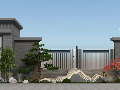 Traditional Chinese Style Entrance Gate With Stone Walls Pine Tree And Deer Statue 3d model