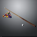 Billiard Accessories With Wooden Cue Colored Balls In Triangle Rack And White Cue Ball