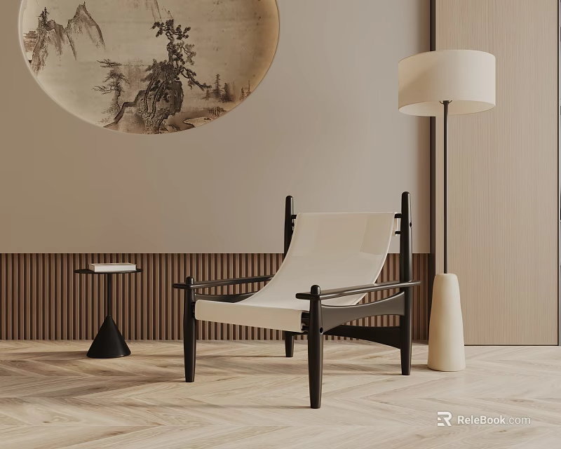Modern Leisure Chair In Living Room With Round Decorative Painting And Floor Lamp 3d model 