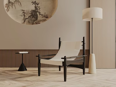 Modern Leisure Chair In Living Room With Round Decorative Painting And Floor Lamp 3d model