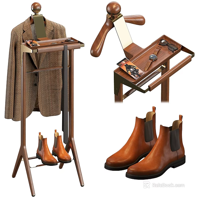 Men's Clothes Display With Suit On Wooden Coat Rack And Leather Boots 3d model 