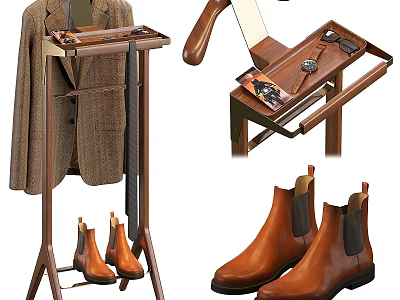 Men's Clothes Display With Suit On Wooden Coat Rack And Leather Boots 3d model