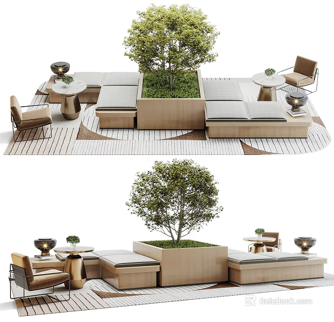 Outdoor Landscape Seating With Wooden Structure Green Tree And Leisure Tables 3d model 
