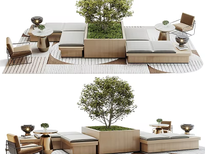 Outdoor Landscape Seating With Wooden Structure Green Tree And Leisure Tables 3d model