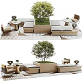 Outdoor Landscape Seating With Wooden Structure Green Tree And Leisure Tables