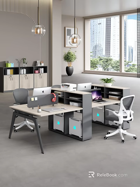 Modern Office Desk Setup With Dual Monitors Ergonomic Chairs Plants And Background Bookshelf 3d model 