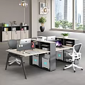 Modern Office Desk Setup With Dual Monitors Ergonomic Chairs Plants And Background Bookshelf