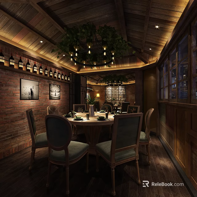 Elegant Private Dining Room With Brick Wall Wooden Ceiling Chandelier Round Table And Wine Rack 3d model 