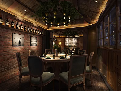 Elegant Private Dining Room With Brick Wall Wooden Ceiling Chandelier Round Table And Wine Rack 3d model