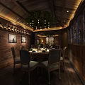Elegant Private Dining Room With Brick Wall Wooden Ceiling Chandelier Round Table And Wine Rack
