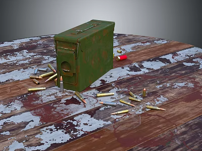 Green Ammunition Box With Scattered Bullets On Rustic Wooden Table 3d model