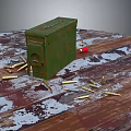 Green Ammunition Box With Scattered Bullets On Rustic Wooden Table