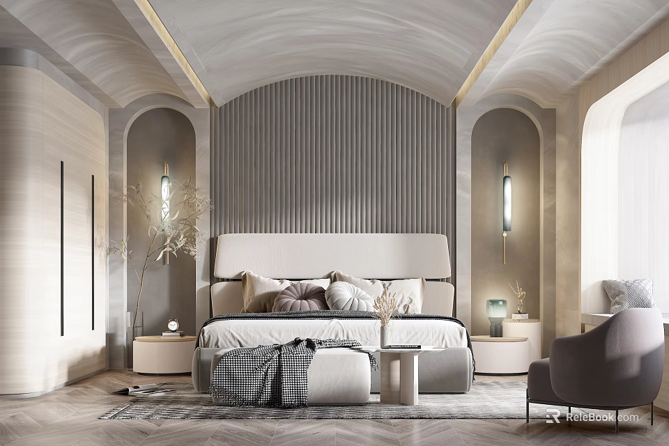 Modern Luxury Bedroom Interior Design With Upholstered Headboard Striped Wall And Ambient Lighting 3d model 