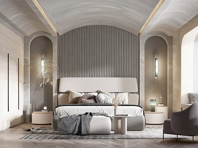 Modern Luxury Bedroom Interior Design With Upholstered Headboard Striped Wall And Ambient Lighting 3d model