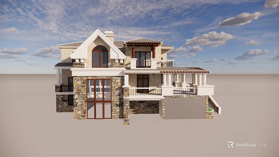 Elegant Detached Villa Exterior With Stone Walls Balcony Arched Windows And Pitched Roof 3d model 