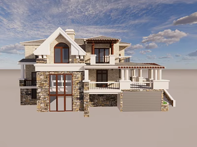 Elegant Detached Villa Exterior With Stone Walls Balcony Arched Windows And Pitched Roof 3d model