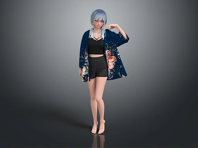Blue Haired Character Wearing Dark Blue Kimono With Black Top Shorts And Animal Prints 3d model