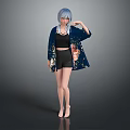 Blue Haired Character Wearing Dark Blue Kimono With Black Top Shorts And Animal Prints