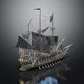 Vintage Wooden Ship With Multiple Masts And Black Sails On Reflective Surface