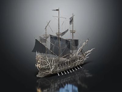 Vintage Wooden Ship With Multiple Masts And Black Sails On Reflective Surface 3d model