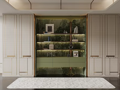 Elegant Green Bookcase With Gold Frame Built In Lighting And Decorative Plants 3d model