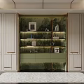 Elegant Green Bookcase With Gold Frame Built In Lighting And Decorative Plants