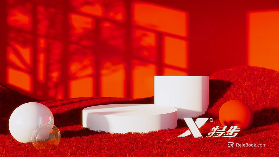 Modern Art Installation With White Display Platforms And Transparent Spheres On Red Background 3d model 