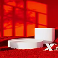 Modern Art Installation With White Display Platforms And Transparent Spheres On Red Background