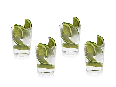 Set of Four Transparent Glasses With Ice Cubes Lime Slices And Clear Liquid 3d model