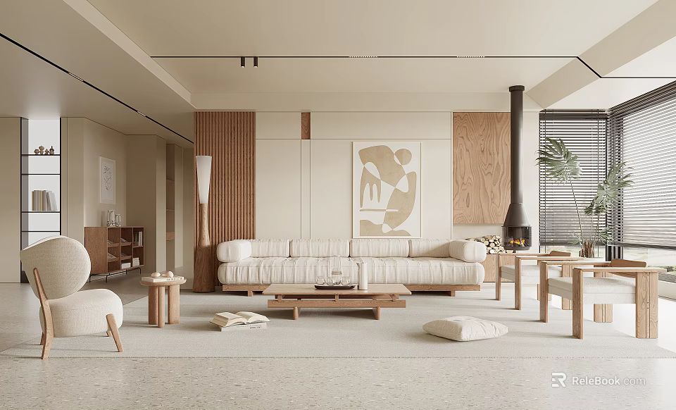 Minimalist Living Room Interior With Beige Sofa Wooden Wall And Geometric Artwork 3d model 