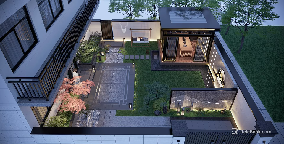 Traditional Chinese Garden Landscape With Water Feature Stone Path Lush Greenery And Lighting 3d model 