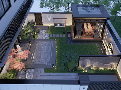 Traditional Chinese Garden Landscape With Water Feature Stone Path Lush Greenery And Lighting 3d model