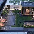 Traditional Chinese Garden Landscape With Water Feature Stone Path Lush Greenery And Lighting