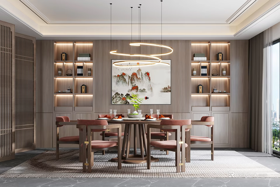 New Chinese Style Restaurant Featuring Round Table Landscape Painting Chandelier Bookshelves Wine Cabinets And Chairs 3d model 