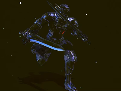 Armored Game Movie Character Wielding Dual Swords Running On Starry Dark Background 3d model