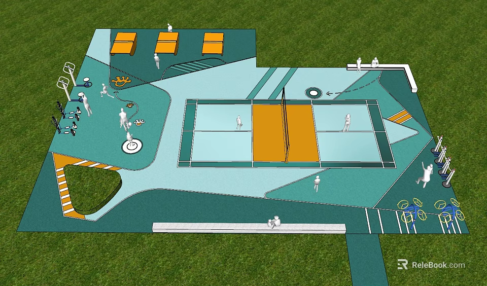 Outdoor Sports Fitness Area With Badminton Court Green Lawn And Exercise Equipment 3d model 
