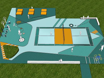 Outdoor Sports Fitness Area With Badminton Court Green Lawn And Exercise Equipment 3d model